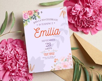Boho Kids Birthday Invitation Template, Neutral Floral Design (Editable Canva)