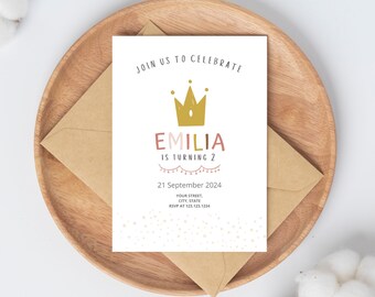 Editable Princess Crown Birthday Invitation, Canva Template (Digital Download)
