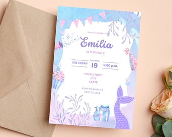 Editable Mermaid Birthday Invitation Template, Under the Sea Party Invite (Digital Download)