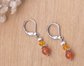 Carnelian crystal dangle earrings |  Small elegant orange gemstone earrings | Stainless steel lever back ear fittings