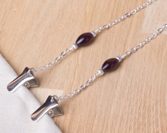 Napkin chain neck clips - Purple catseye bead silver serviette clip napkin chain | Napkin holder cord | Adult bib clip dining accessory