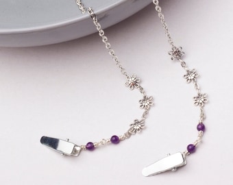 Napkin chain - Amethyst gemstone silver flower serviette clip | Elegant Napkin clips |  Napkin holder neck cord | Foodie gifts | Diner clip