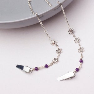 Serviettenkette - Amethyst Edelstein Silber Blume Serviettenklammer | Elegante Serviettenklammern |  Serviettenhalter Halskordel | Feinschmecker Geschenke | Diner Clip