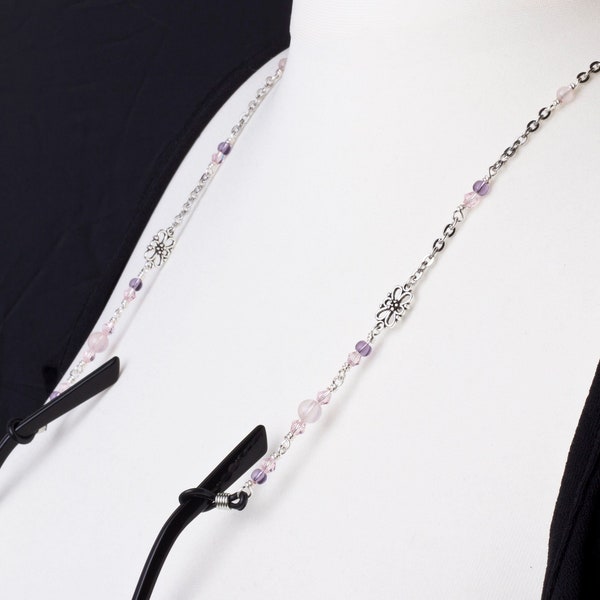 Rose Quartz glasses chain - gemstone pink and purple bead eyewear cord | Neck chain lanyard | Silver spectacle strap | Eyeglasses holder