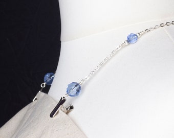 Napkin chain neck clips - Blue bead silver serviette clip napkin chain | Mask holder | Napkin holder cord | Adult bib clip