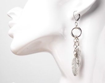 Silver feather earrings with rings | Long dangle stainless steel lever back earrings