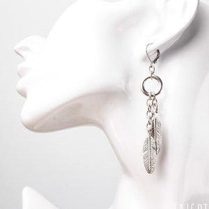 Silver feather earrings with rings Long dangle stainless steel lever back earrings image 1