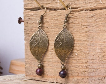 Bronze leaf earrings with brecciated jasper | Boho gem earrings | gemstone nature jewelry | Long dangle earrings