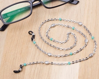 Silver glasses chain with green beads -  eyeglasses holder | Eyewear accessory | Readers gift | Sunglasses chain | Eye glasses neck cord