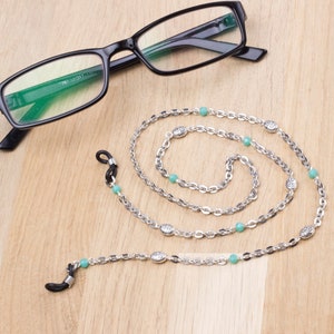 Cadena plateada para gafas: cordón para el cuello con cuentas verdes para gafas de sol