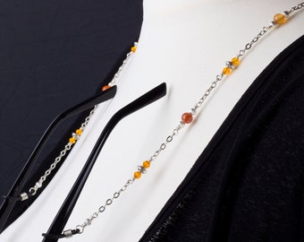 Carnelian glasses chain - gemstone, orange bead eyewear cord | Neck chain lanyard | Silver spectacle chain | Eyeglasses holder