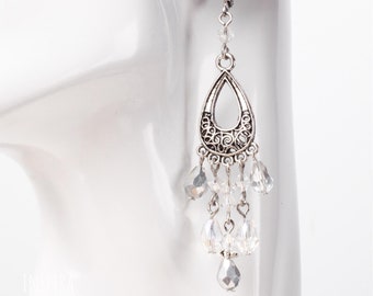 Chandelier earrings -  filigree with clear and silver bead dangle earrings | Statement jewellery | Long beaded boho earrings