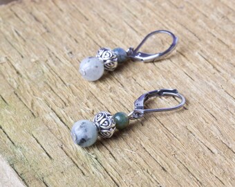 Small green gemstone dangle earrings | Pretty jasper jewellery | Boho green bead dangle earrings | Surgical steel lever back ear fittings