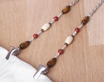 Napkin clip chain - Brown wood bead and red jasper gemstone | silver napkin holder | serviette neck cord | Foodie gifts | Adult bib clips