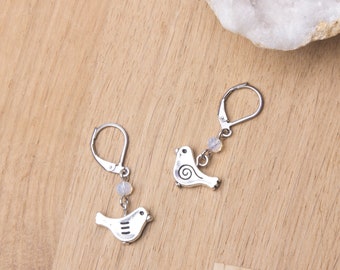 Little bird earrings | Bird jewellery | Cute boho earrings | White dangle bead and charm earrings | Animal jewellery | Quirky bird earrings