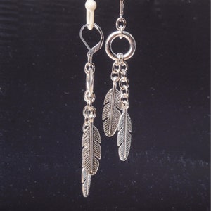 Silver feather earrings with rings Long dangle stainless steel lever back earrings image 6