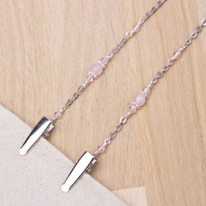 Rosenquarz Serviettenhalskette Clips - Edelstein und rosa Perle Silber Serviettenclip Serviettenkette | Feinschmecker Geschenke | Serviettenhalter Schnur