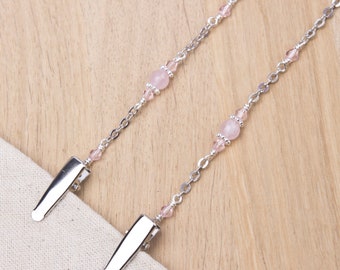 Rose quartz napkin neck chain clips - Gemstone and pink bead silver serviette clip napkin chain | Foodie gifts | Napkin holder cord