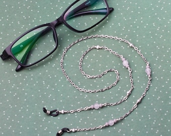 Glasses chain - grey bead and white jade gemstone eyeglasses chain | Eyewear neckchain | Reader gift lanyard | Sunglasses strap