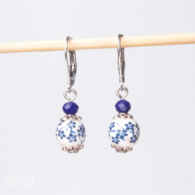 Small blue floral porcelain dangle earrings Pretty jewellery Elegant Blue flower bead Stainless steel lever back ear fittings image 5