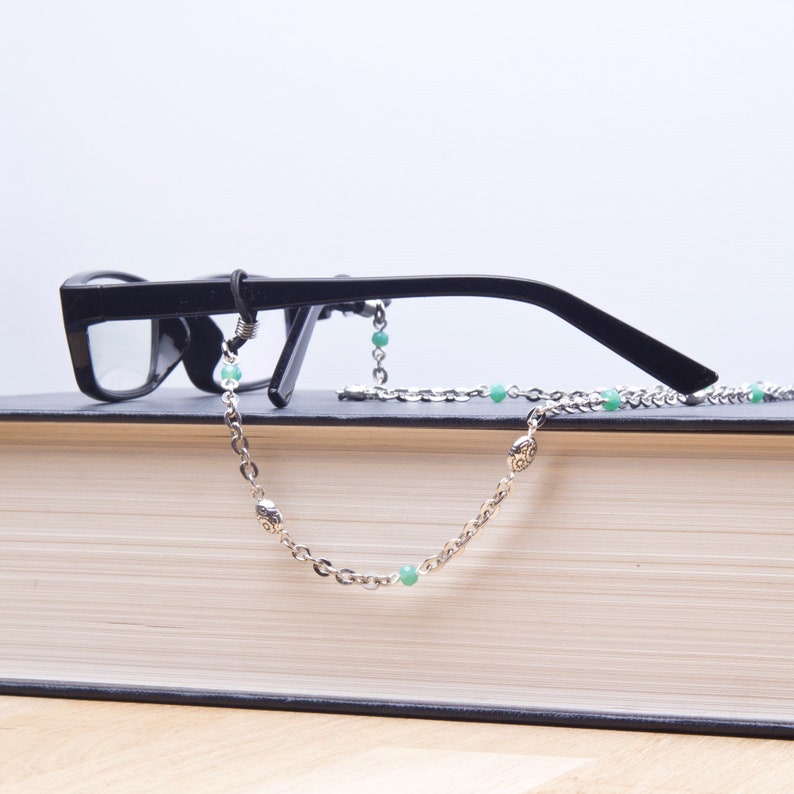 Silver glasses chain with green beads eyeglasses holder Eyewear accessory Readers gift Sunglasses chain Eye glasses neck cord image 3