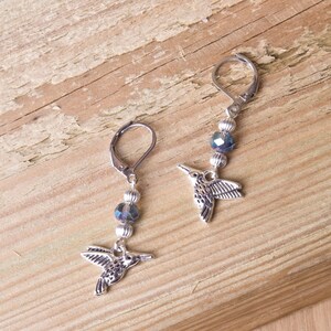 Hummingbird Dangle Earrings: Iridescent Bead Charm, Surgical Steel, Boho Bird jewellery