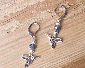 Little hummingbird earrings | Bird jewellery | Cute boho earrings | Irridescent dangle bead charm earrings | Quirky bird animal earrings