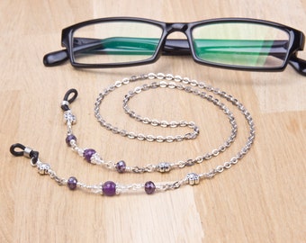 Amethyst glasses chain - gemstone, purple bead and flower eyewear cord | Neck chain lanyard | Silver spectacle chain | Eyeglasses holder