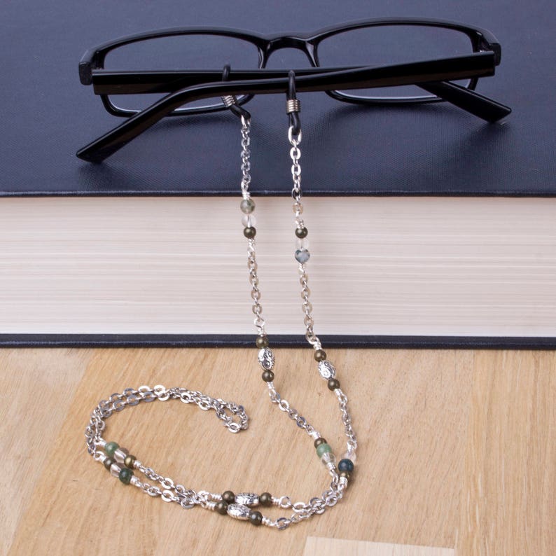 Glasses neck chain Green Moss Agate and quartz gemstone, bronze and silver bead glasses chain Silver eyeglasses neck cord lanyard image 6