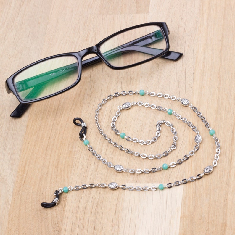 Silver glasses chain with green beads eyeglasses holder Eyewear accessory Readers gift Sunglasses chain Eye glasses neck cord image 1
