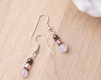 Rose Quartz earrings | Pink gemstone and bronze earrings | Crystal jewellery | Small dangle earrings | Gemstone jewelry | Boho gem earrings
