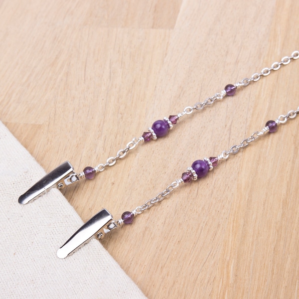 Amethyst napkin neck chain clips - Gemstone and purple bead silver serviette clip napkin chain | Foodie gifts | Napkin holder cord