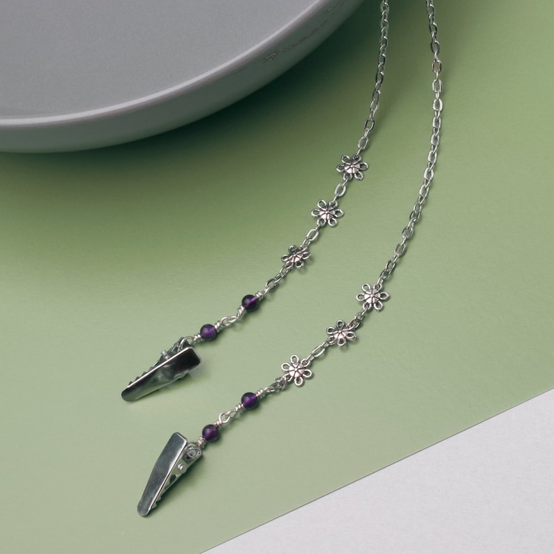 Napkin chain Amethyst gemstone silver flower serviette clip Elegant Napkin clips Napkin holder neck cord Foodie gifts Diner clip image 9