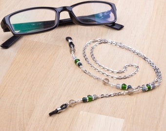 Glasses chain strap - Green Moss Agate gemstone with green and grey beads | Silver eyeglasses neck cord lanyard