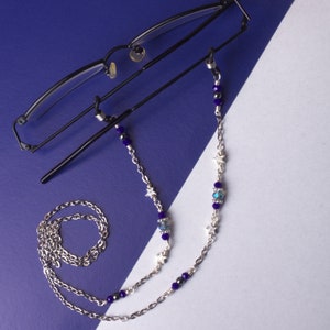 Glasses chain stars and blue bead eyeglasses chain Hematite eyewear neckchain Galaxy Reader gift lanyard Sunglasses strap image 5