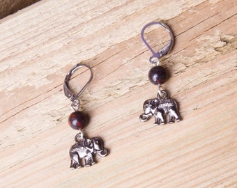 Little elephant earrings with jasper gemstones | Cute boho jewelry | Dangle bead nature charm earrings | Quirky animal earrings