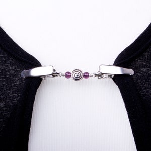 Cardigan clips Silver spiral and purple bead sweater clip Shawl chain Pashmina pin Sweater fastening Wrap holder Cardigan guard image 1