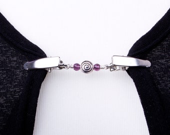 Cardigan clips - Silver spiral and purple bead sweater clip | Shawl chain | Pashmina pin | Sweater fastening | Wrap holder | Cardigan guard