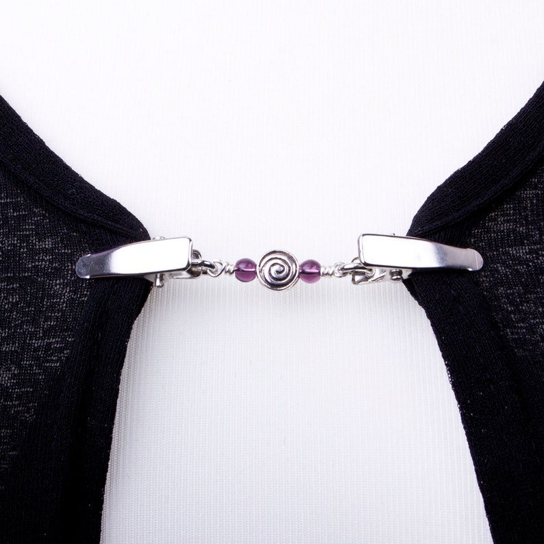 Cardigan clips Silver spiral and purple bead sweater clip Shawl chain Pashmina pin Sweater fastening Wrap holder Cardigan guard image 1