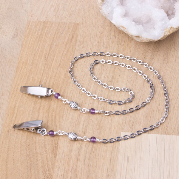 Gemstone napkin chain - Amethyst silver serviette clip | Elegant Napkin clips |  Napkin holder neck cord | Foodie gifts | Diner clip