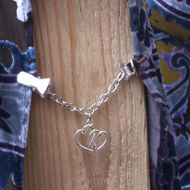 Two Hearts Cardigan clip chain Double Entwined silver love hearts and chain sweater clip shawl fastening Wrap holder Cardigan guard image 5