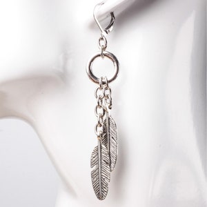 Silver feather earrings with rings Long dangle stainless steel lever back earrings image 2