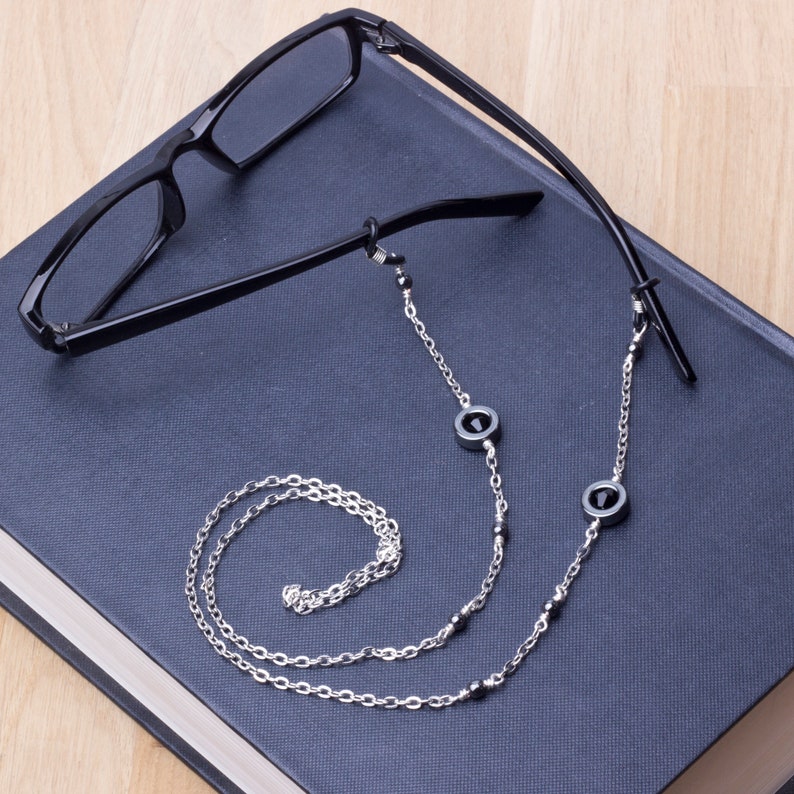 Hematite glasses chain grey ring and bead eyeglasses chain Eyewear neckchain Reader gift lanyard Sunglasses strap image 7