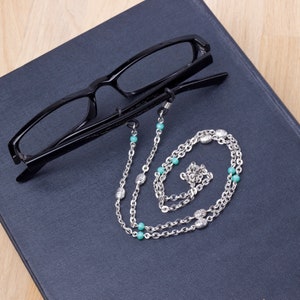 Silver glasses chain with green beads eyeglasses holder Eyewear accessory Readers gift Sunglasses chain Eye glasses neck cord image 6