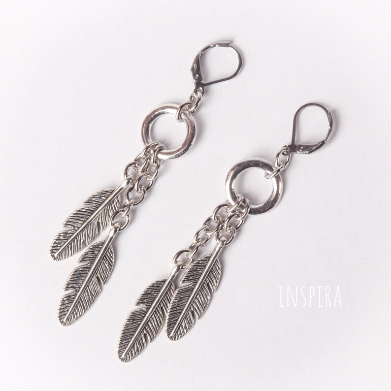Silver feather earrings with rings Long dangle stainless steel lever back earrings image 4
