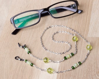 Green glasses chain - Jade gemstone and green bead eyewear cord | Neck chain lanyard | Silver spectacle strap | Eyeglasses holder