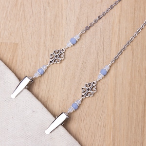 Napkin neck chain clips - Blue beads and fancy link silver serviette clip napkin chain | Mask holder | Napkin holder cord | Adult bib clip