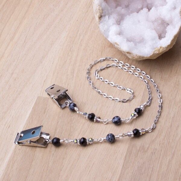 Napkin clip neck chain - Snowflake Obsidian bead serviette clip napkin chain | Napkin cord | Gemstone serviette holder | Foodie gifts | MS