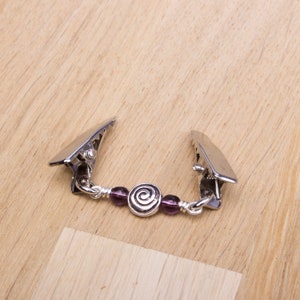Cardigan clips Silver spiral and purple bead sweater clip Shawl chain Pashmina pin Sweater fastening Wrap holder Cardigan guard image 4