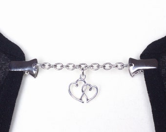 Two Hearts Cardigan clip chain - Double Entwined silver love hearts and chain sweater clip | shawl fastening | Wrap holder | Cardigan guard